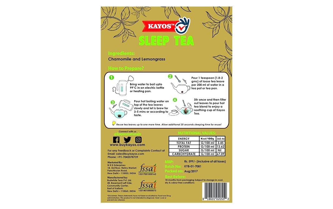 Kayos Sleep Tea with Chamomile and Lemongrass   Pack  100 grams